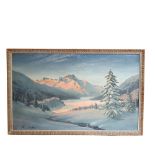 Roger Desoutter, oil on board, a winter landscape, 40cm x 63cm overall, framed