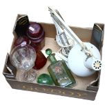 A pair of Bohemian etched cranberry glass bottles and stoppers, 1 A/F, a bubble glass decanter