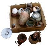 Terracotta and pottery jugs, glazed vases, a Muchelney jug, beads etc