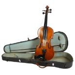 A 19th century violin, with hardshell case and associated bow, violin length 14" Violin is in good