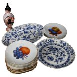 Meissen blue and white Onion pattern bowl with scalloped rim, 27cm, 2 sets of Bavarian fruit