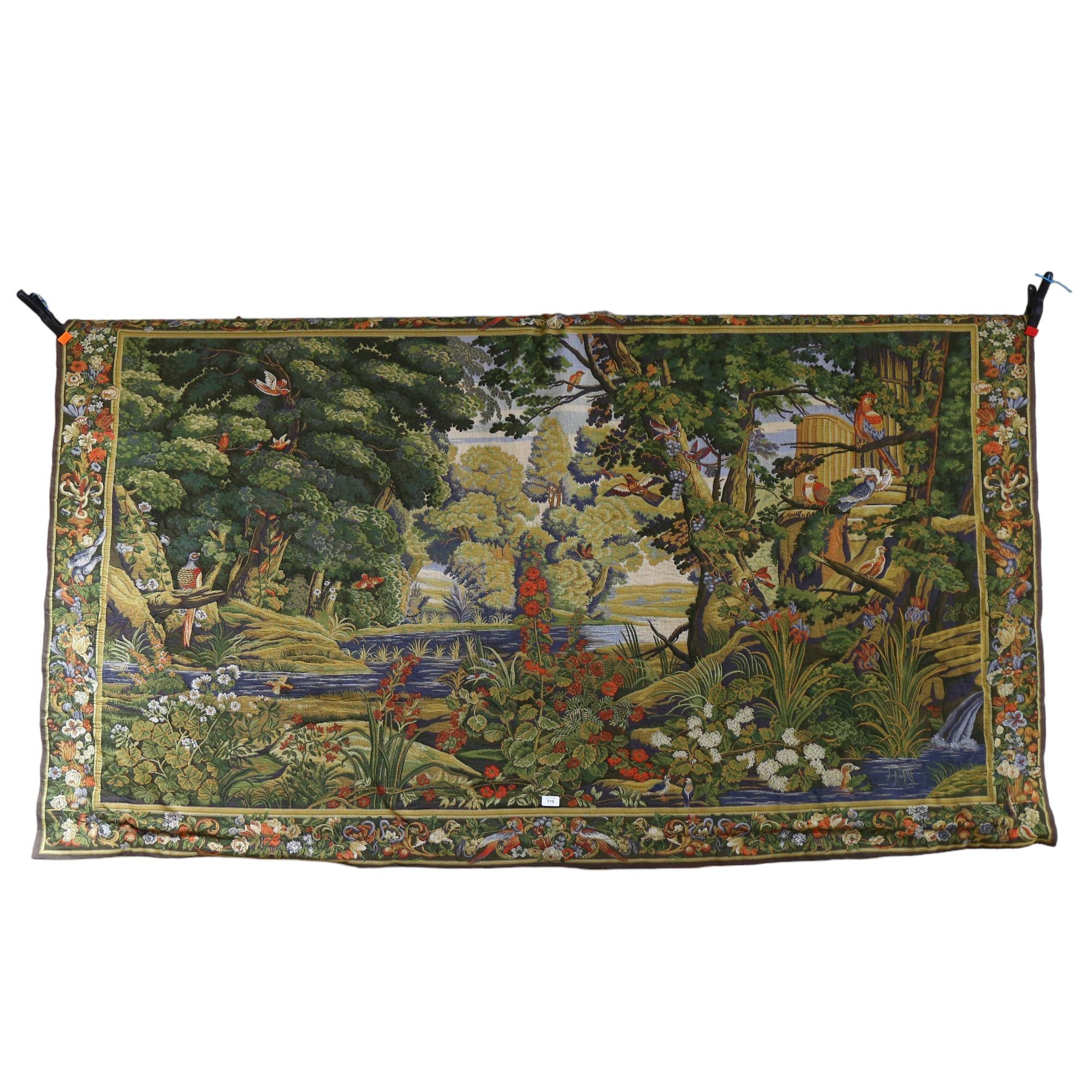 A large Brussels tapestry depicting river view with birds, 130cm x 230cm approx