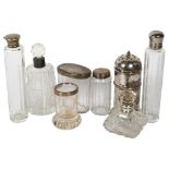 Various scent bottles, including 2 silver-topped, a silver plated lighthouse caster, etc