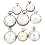 5 various silver-cased open-face pocket watches, including 3 fob type, and 3 chrome plate open-