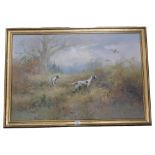 A large oil on canvas, shooting dogs in countryside scene, pheasants in background, signed bottom