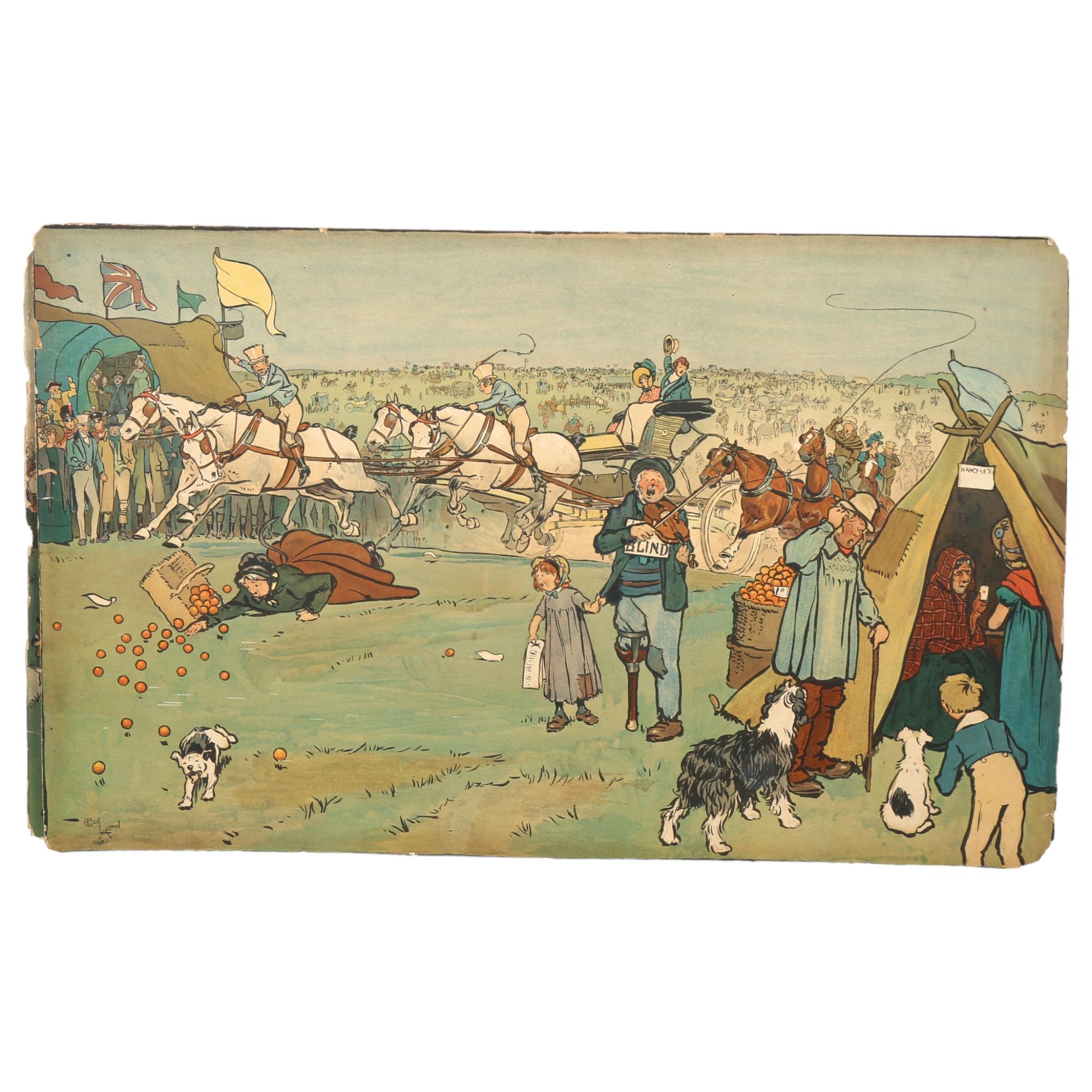 Cecil Aldin, 2 humorous coloured prints on board, the Blue Market Races, and another, 38cm x 61cm
