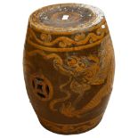 A Chinese garden barrel, decorated and glazed with Chinese dragon/mythical creature decoration,
