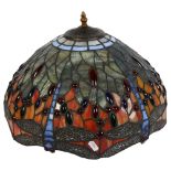 A Tiffany style lead and coloured glass ceiling light shade, with floral and dragonfly decoration,