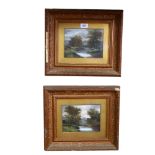 A pair of oils, panoramic views towards mountains, images 14cm x 19cm, 34cm x 39cm overall, gilt-