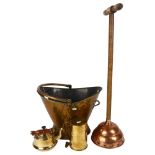A brass coal bucket, a posser, a small brass kettle, and a lidded brass tankard