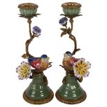 A pair of ornate porcelain and gilt-metal candlesticks, with bird and floral supports, H30cm