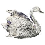 A silvered salt in the form of a swan, with blue glass liner, H14.5cm