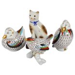 3 Hungarian Hollohaza painted and gilded birds, tallest 9cm, and a porcelain cat