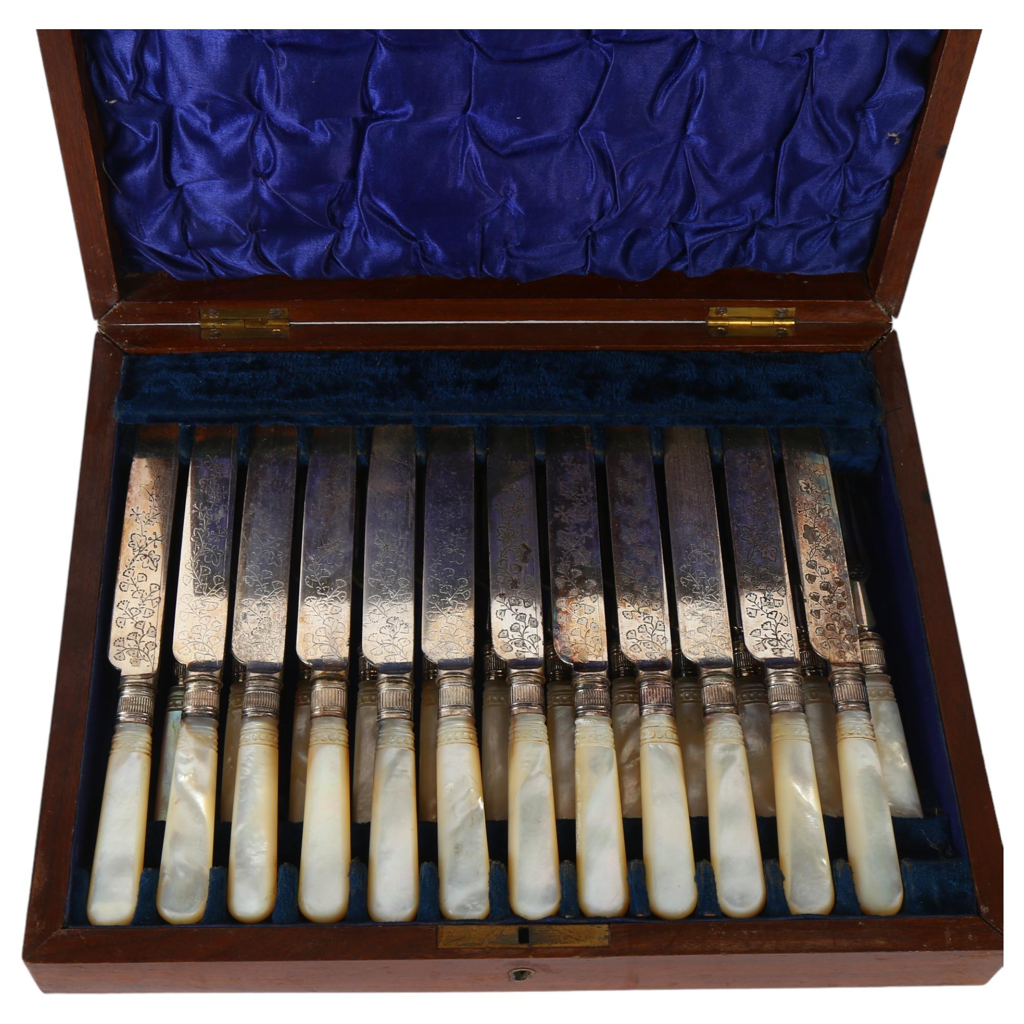 A silver plated fruit set with mother-of-pearl handles, for 12 people, in fitted mahogany case