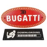 A cast-iron sign for Bugatti and another (2)