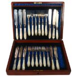 A set of silver plated and mother-of-pearl handled fish cutlery for 12 people, lacking 1 knife, in