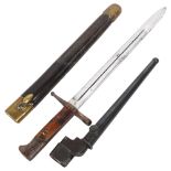 A First World War Period bayonet, impressed A4553 to the hilt and leather scabbard, L43cm,