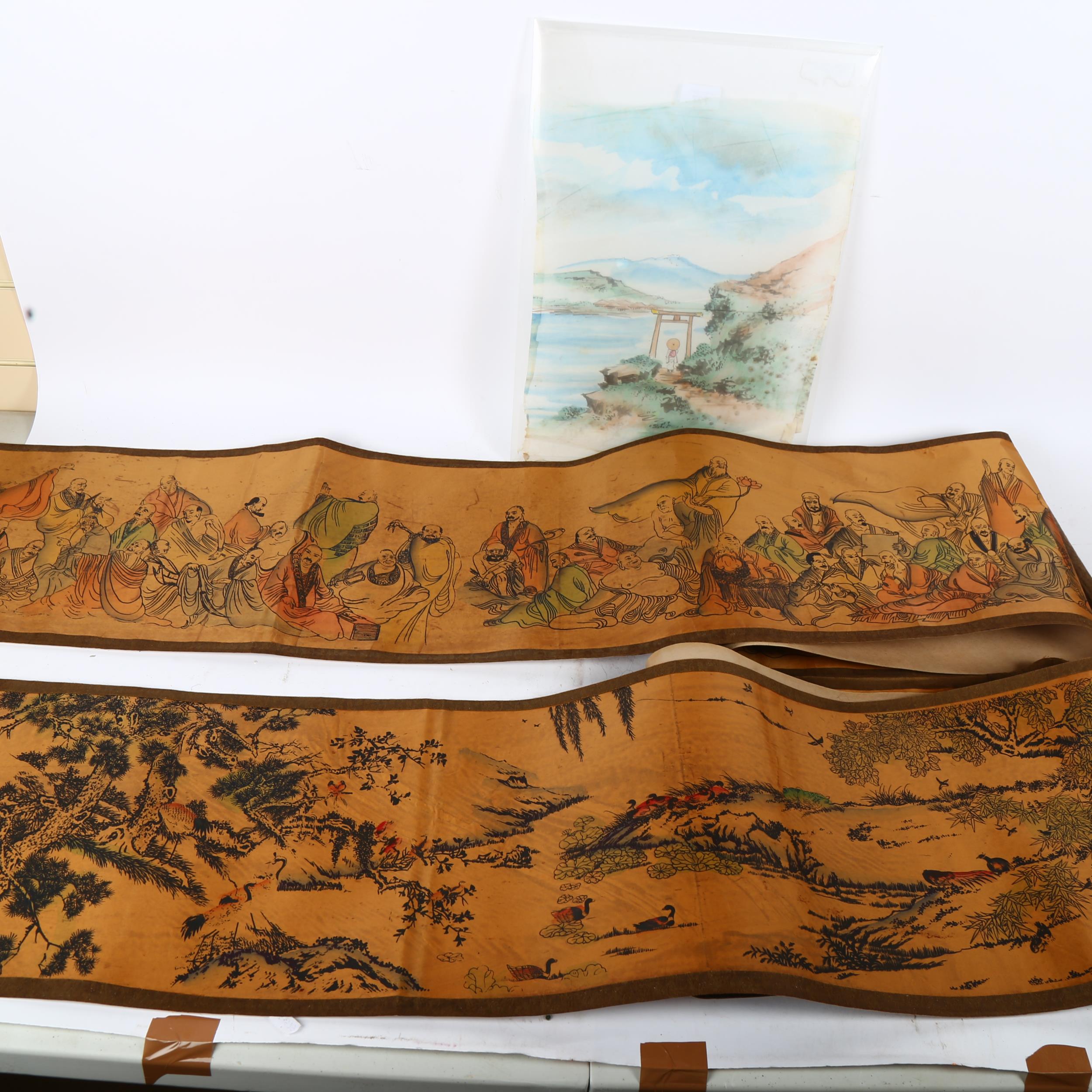 2 Oriental painted scrolls, approx 310cm x 30cm, and an unframed rice paper watercolour - Image 2 of 2