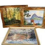 A group of 3 modern paintings, 2 oils on canvas with modern giltwood frames, landscape scenes, and a