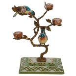 A gilt-metal and porcelain group of birds nesting in a tree, H25cm
