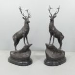 A pair of painted bronze stag sculptures on marble plinths, after J. Moigniez. Each approximately