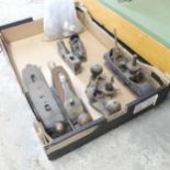 A box of woodworking planes and accessories including Record and Stanley.