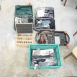 A Bosche POF 1400 ace router, and erbauer biscuit jointer, a Black and Decker mouse sander and a box