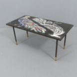 A mid-century tile top coffee table on metal base, with peacock design. 63x29x32cm. A/F. Six of