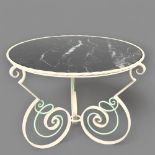 A mid-century French Hollywood Regency design wrought iron coffee table with later marble effect