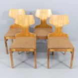 A set of four mid-century Meredew dining chairs of unusual form, with ply back and maker's blue