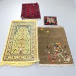 Two Chinese design mats, a part silk yellow ground mat, and a red ground Persian mat. Largest
