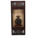 A Chinese engraved patinated brass flask, mounted in lacquered glazed wall-hanging cabinet, height