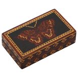 A Victorian Tunbridgeware stamp/pin box, tessarae decorated top and sides, top depicting a