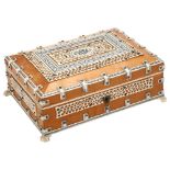 A 19th century Anglo-Indian wooden Jewellery box, with bone pierced and mounted decoration, claw