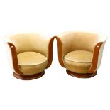 A pair of French Art Deco tulip chairs, from the Hotel Le Milandre, maple show-wood arm fronts and