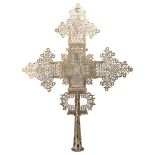 A large Coptic Ethiopian silver patinated brass ceremonial cross, height 69cm