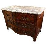 A Continental serpentine-front walnut commode, with brown/white marble top, 2 small top drawers over