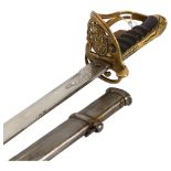 An 1845 pattern British Officers sword, Victorian cypher on Guard, leather grip and metal
