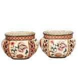 Zsolnay Pecs, pair of oval pottery jardinieres, with pierced friezes and reticulated corners,