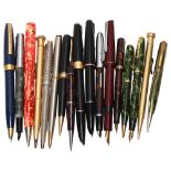 A group of 17 vintage fountain pens, pencil and ballpoint pens, includes Parker, Sheaffer, Watermans