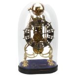 A Victorian brass skeleton clock under glass dome, single fusee 8-day movement striking on a bell,
