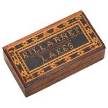 A Victorian Tunbridgeware stamp/pin box, lid with Killarney Lakes and Tessarea banding, 6.3 x 3.