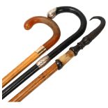 3 1920s' walking canes, 1 malacca and faux amber cane with 9ct hallmarked gold collar engraved to