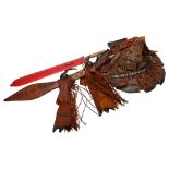 Mandinka decorated leather sword and hat, and a Masai sword with red leather scabbard