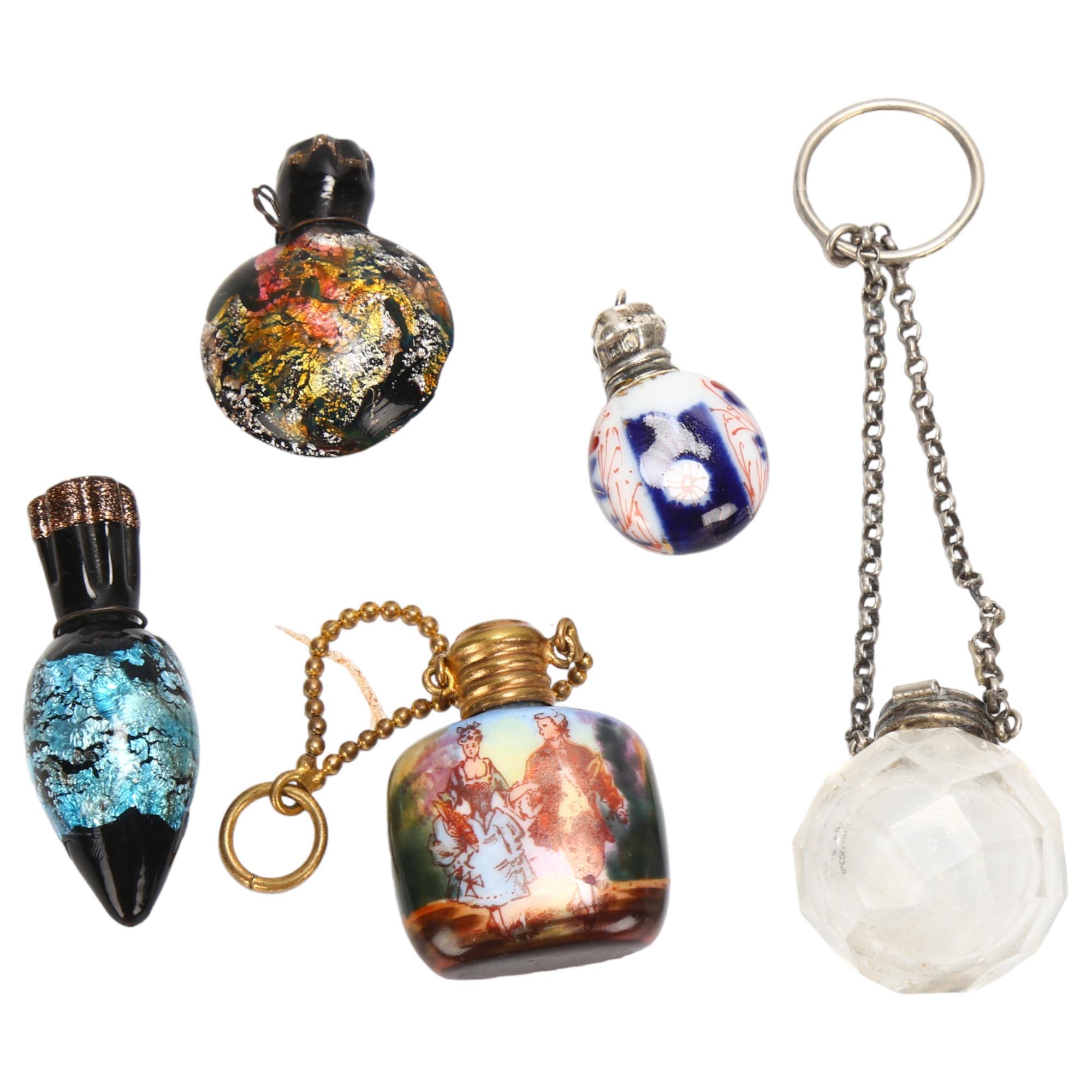 A group of miniature porcelain enamel and glass pendant perfume flasks (5)