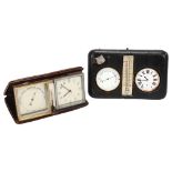 A Victorian travelling combination clock/barometer/thermometer, in leather-covered case, length 19.