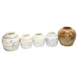 4 various Korean blue and white jars and a mottle glaze stoneware jar, largest height 13cm (5) Brown