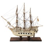 A model 3-masted warship, possibly Napoleonic prisoner of war, late 18th or early 19th century,