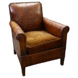 A vintage brown leather club chair, height 83cm, width 72cm