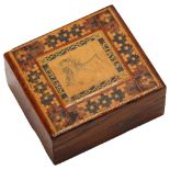 A Victorian Tunbridgeware stamp box, Victoria head stamp and tessarae top, 3.5 x 3.8cm Good